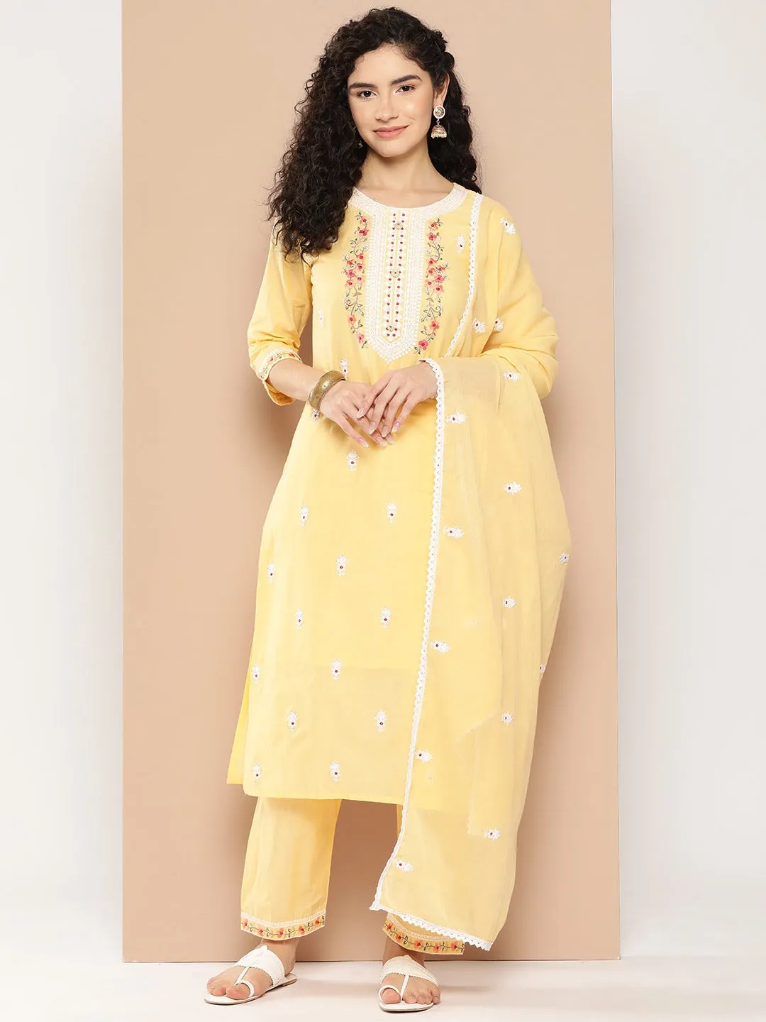 Yellow Floral Thread Work Cotton Kurta Dupatta Set