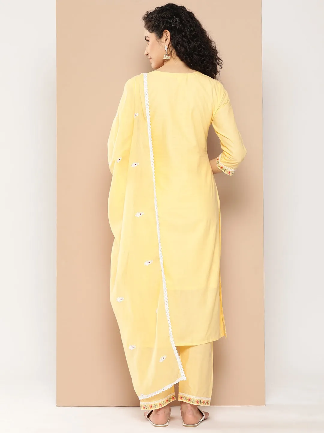 Yellow Floral Thread Work Cotton Kurta Dupatta Set