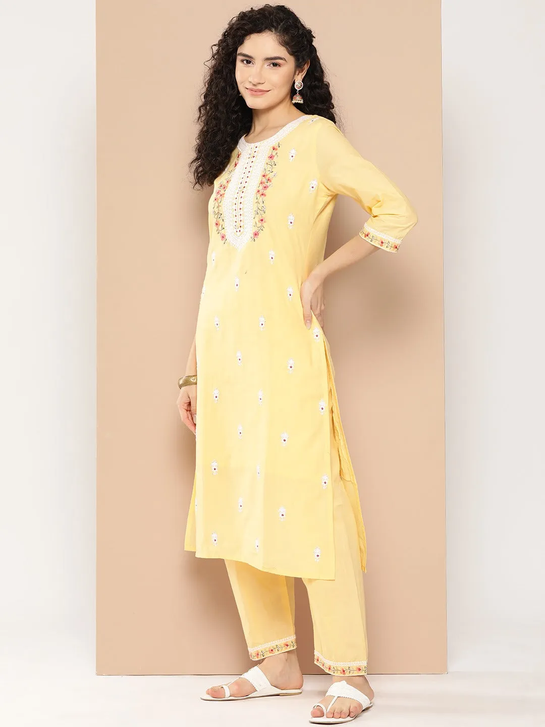 Yellow Floral Thread Work Cotton Kurta Dupatta Set