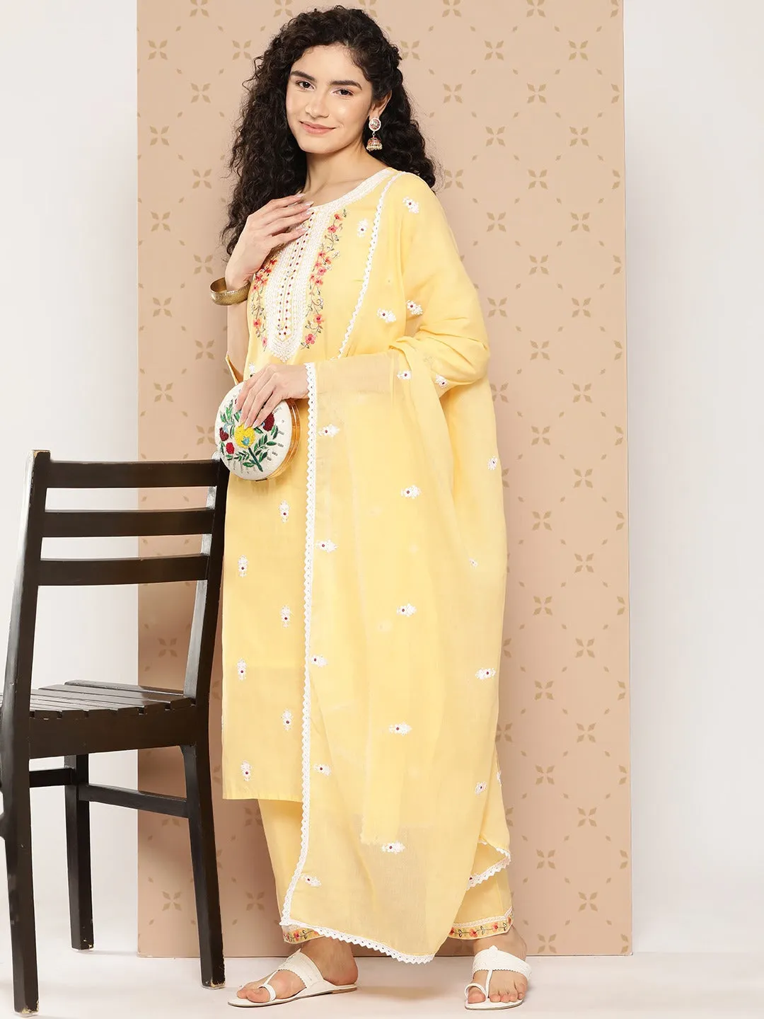 Yellow Floral Thread Work Cotton Kurta Dupatta Set