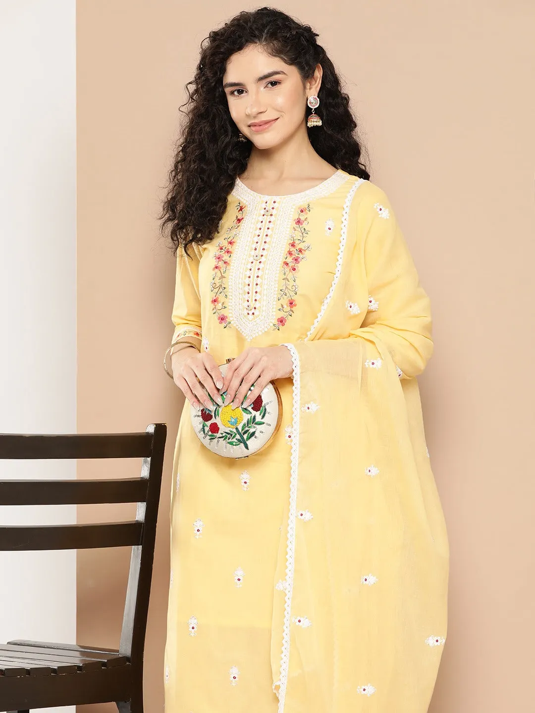 Yellow Floral Thread Work Cotton Kurta Dupatta Set