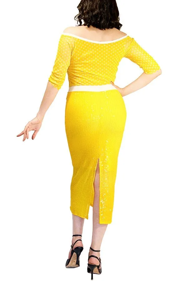 yellow sequin & dots tango dress with back slit and sleeves