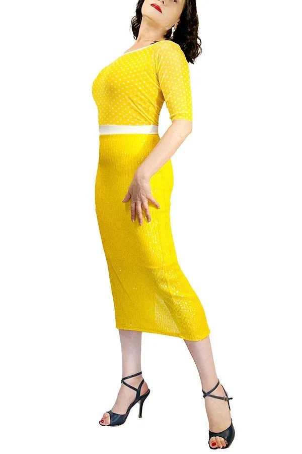 yellow sequin & dots tango dress with back slit and sleeves