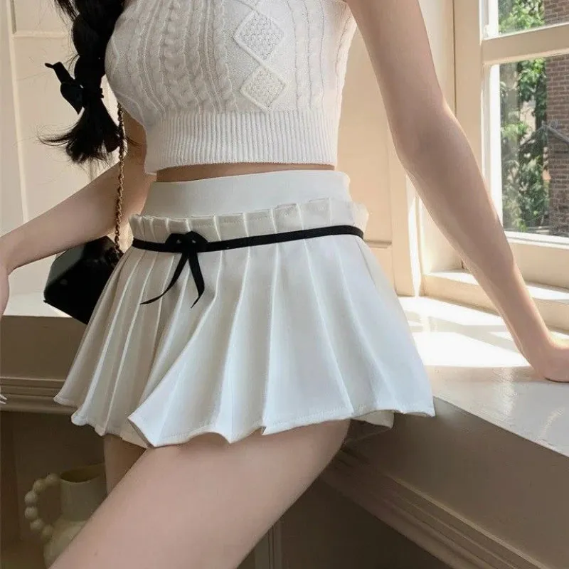 YESMYTOOL  -   Kawaii Pleated Skirt with Shorts Women Korean Preppy Style Bow Patchwork Black White Cute Mini Skirt Summer Gyaru